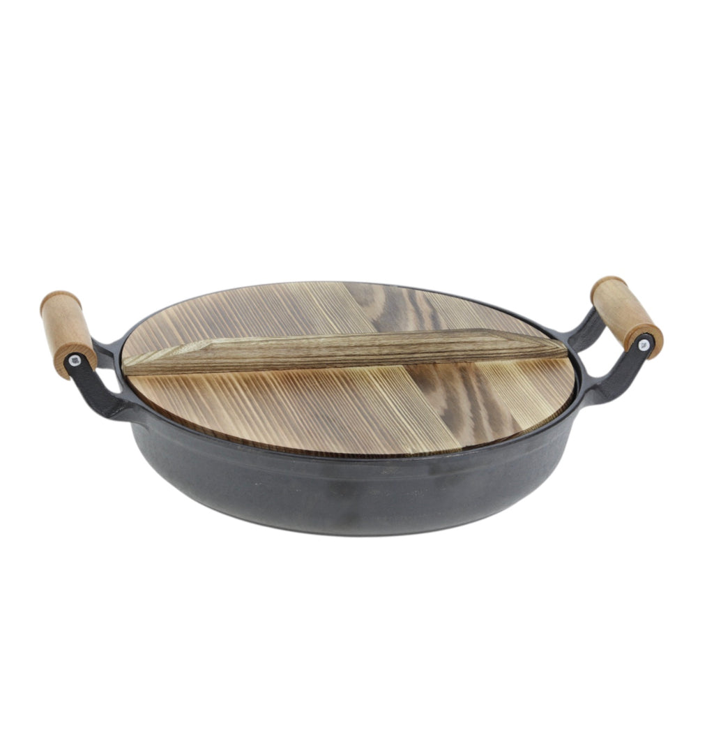 Tigaie wok din fontă cu capac din lemn – 33 cm