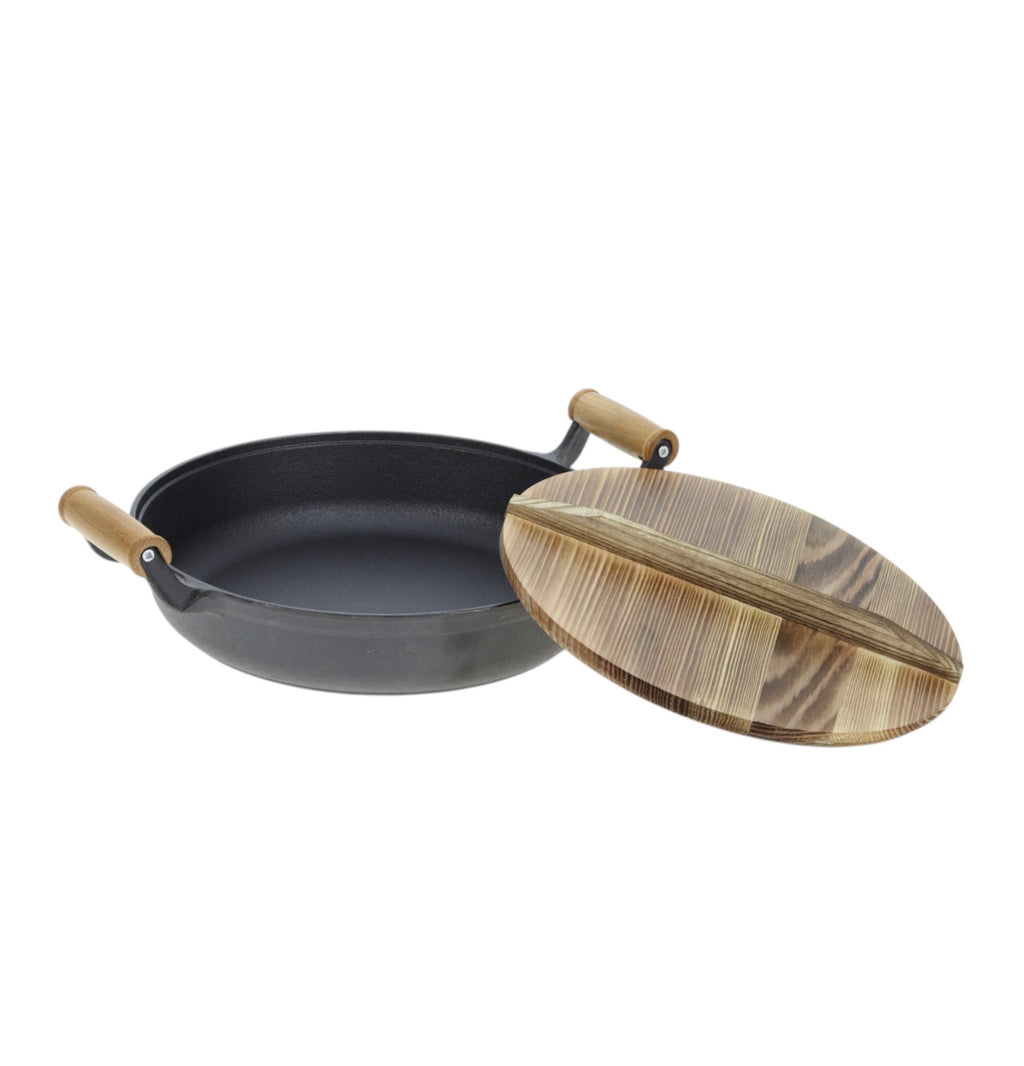 Tigaie wok din fontă cu capac din lemn – 33 cm