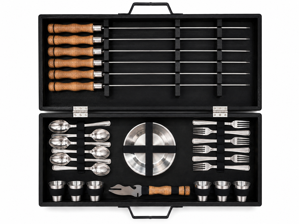 Set Cadou Premium pentru Grătar și Picnic în Valiză din Lemn